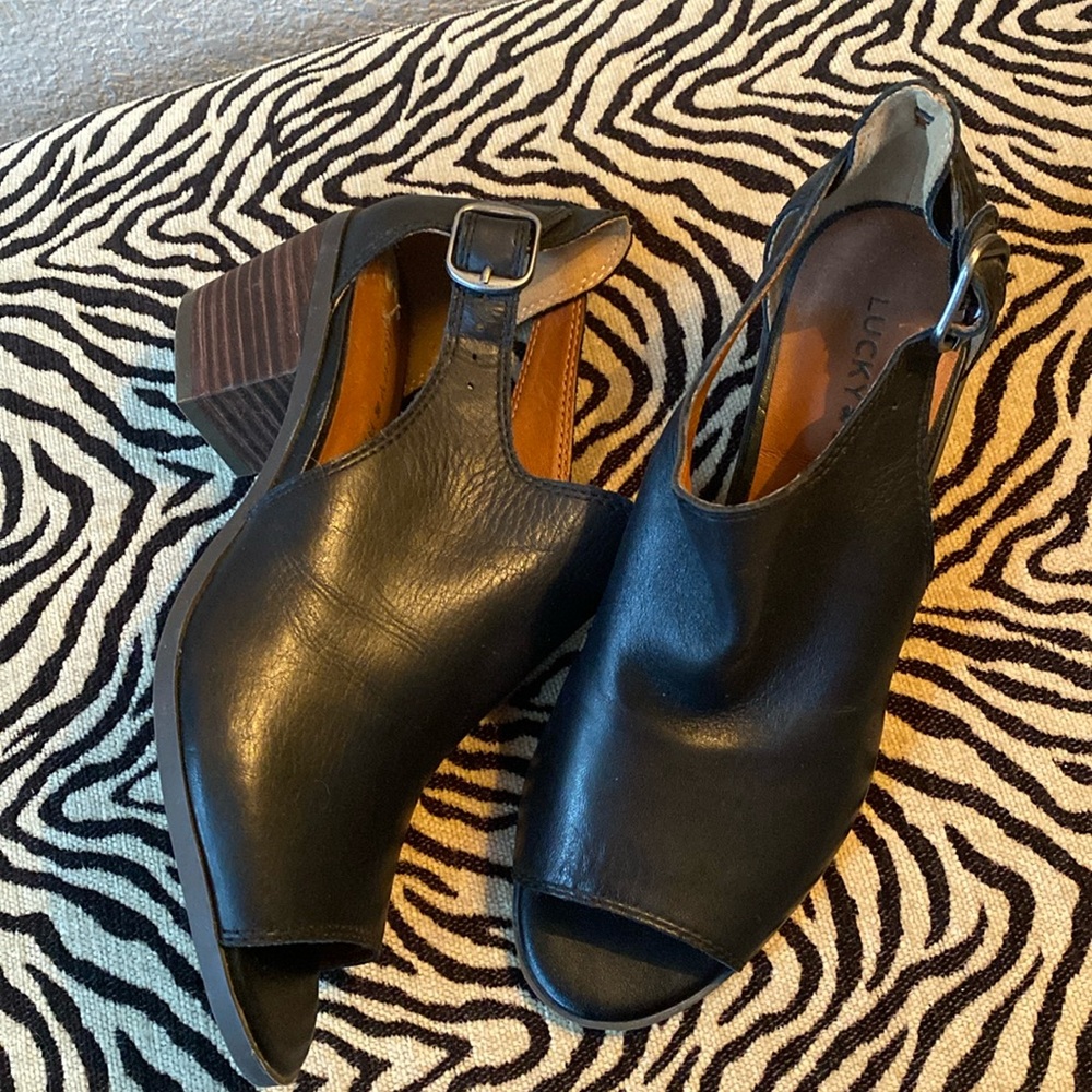 Lucky Brand Worn Once Open Toe Boot Bootie Black Leather 6 Buckle Closure